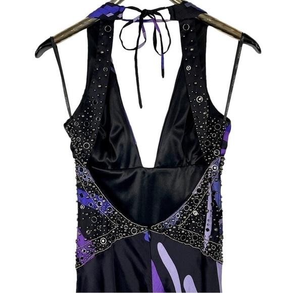 SUE WONG Y2K SILK PLUNGE HALTER STUDDED FLORAL SEXY CUTOUT FORMAL GOWN DRESS - Picture 12 of 16